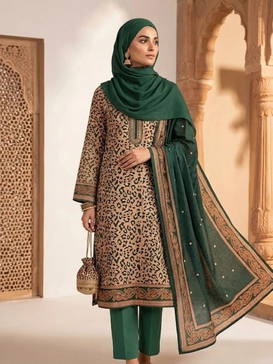 Polo Premium: Unstitched 3-Piece Beige Animal Print Suit Fabric with Green Dupatta