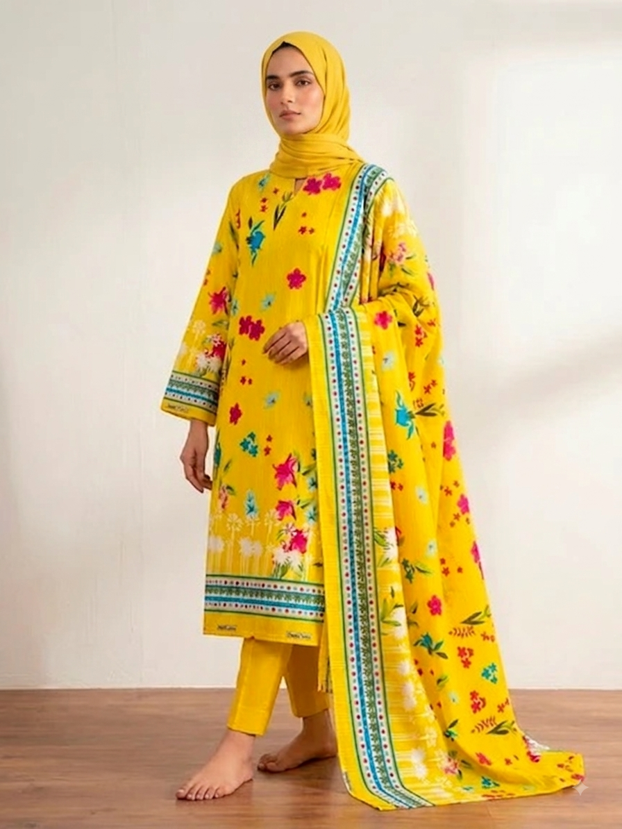 Sunshine Yellow Printed Polo Cotton Unstitched Dress – 4M Fabric