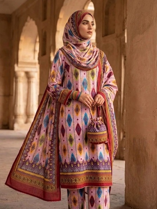 Polo Cotton: 4M Unstitched Pink Ikat Print Suit Fabric with Multi-colored Diamond Motifs