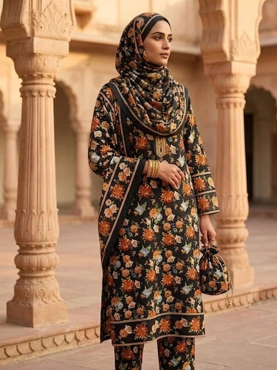 Polo Cotton: 4M Unstitched Black Floral & Leaf Print Premium Lawn Suit Fabric