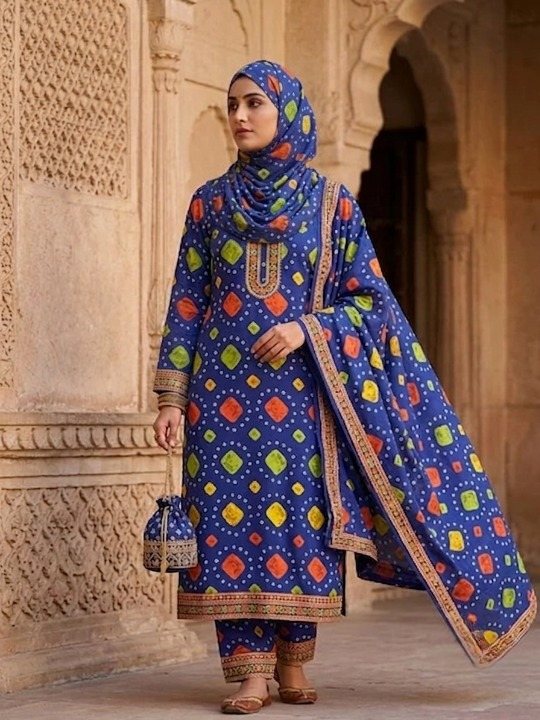 Polo Cotton: 4M Unstitched Royal Blue Bandhani & Geometric Patch Print Suit Fabric with Detailed Borders