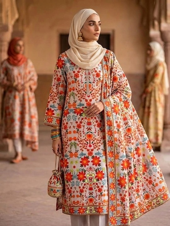 Polo Cotton: 4M Unstitched Beige Floral Print Suit Fabric with Vibrant Orange Motifs