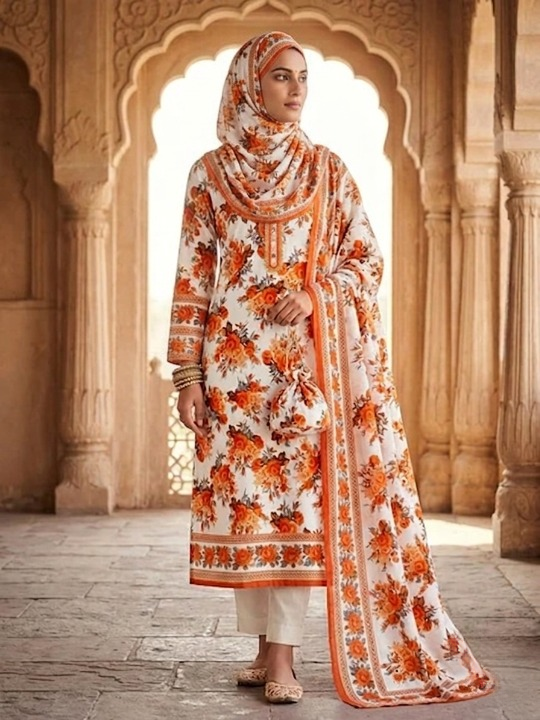 Polo Cotton: 4M Unstitched White Suit Fabric with Vibrant Orange Floral Print - Premium Lawn