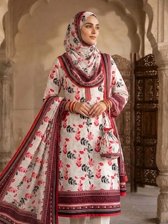 Polo Cotton: 4M Unstitched Cream Suit Fabric with Red & Grey Leaf Print - Premium Lawn