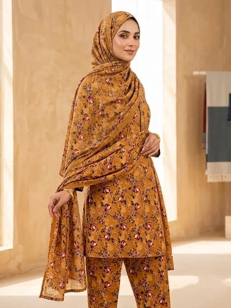 Polo Cotton: 4-Meter Unstitched Premium Cotton Suit Fabric - Mustard Floral