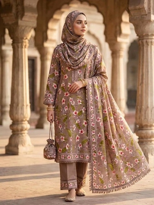 Soft Taupe Pink Blossom Printed Polo Cotton Dress Material – 4M Unstitched