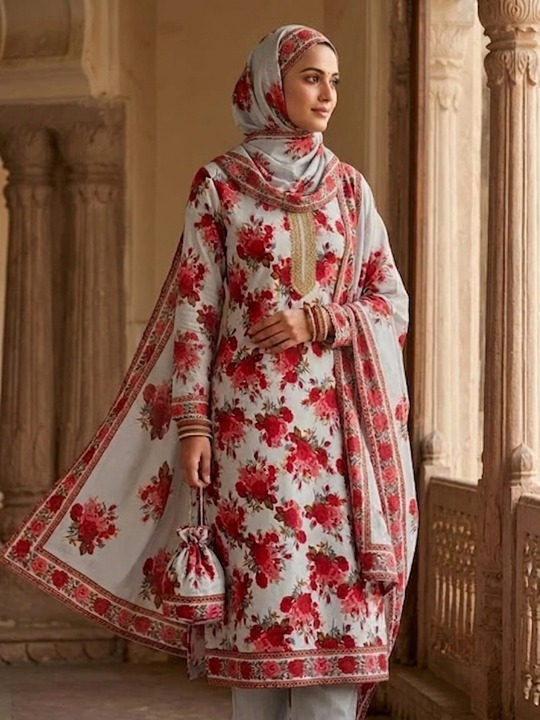Polo Cotton: 4M Unstitched Grey Floral Suit Fabric