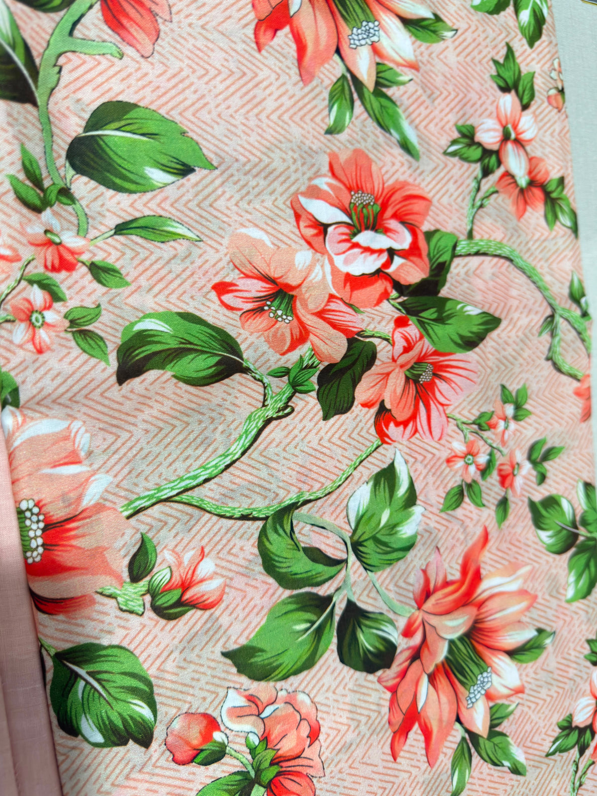 Peach Botanical Floral Kameez with Intricate Border Dupatta