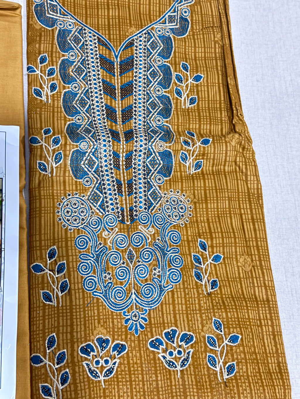 Mustard & Slate Blue Paisley 3-Piece Suit with Printed Dupatta