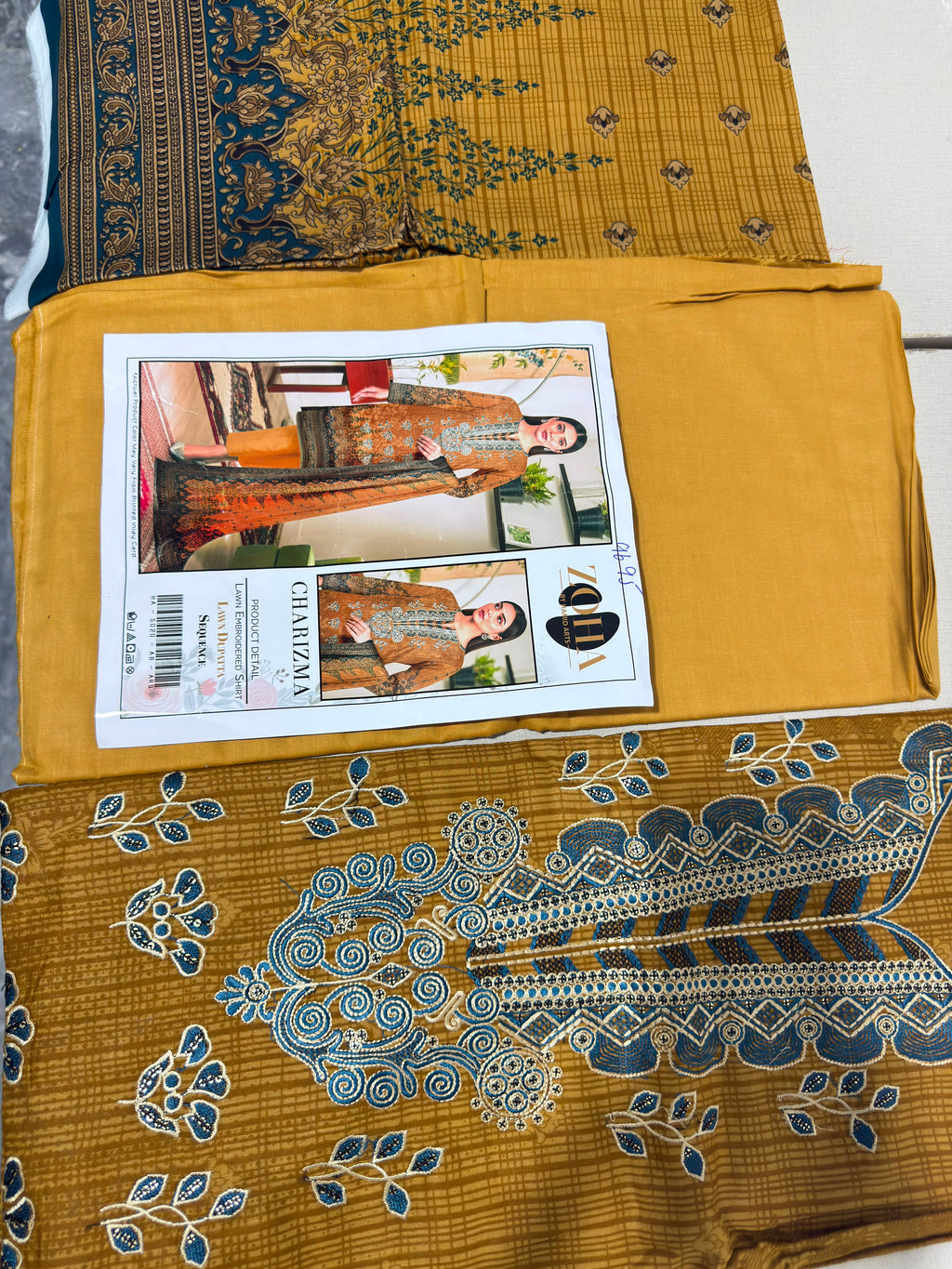 Mustard & Slate Blue Paisley 3-Piece Suit with Printed Dupatta