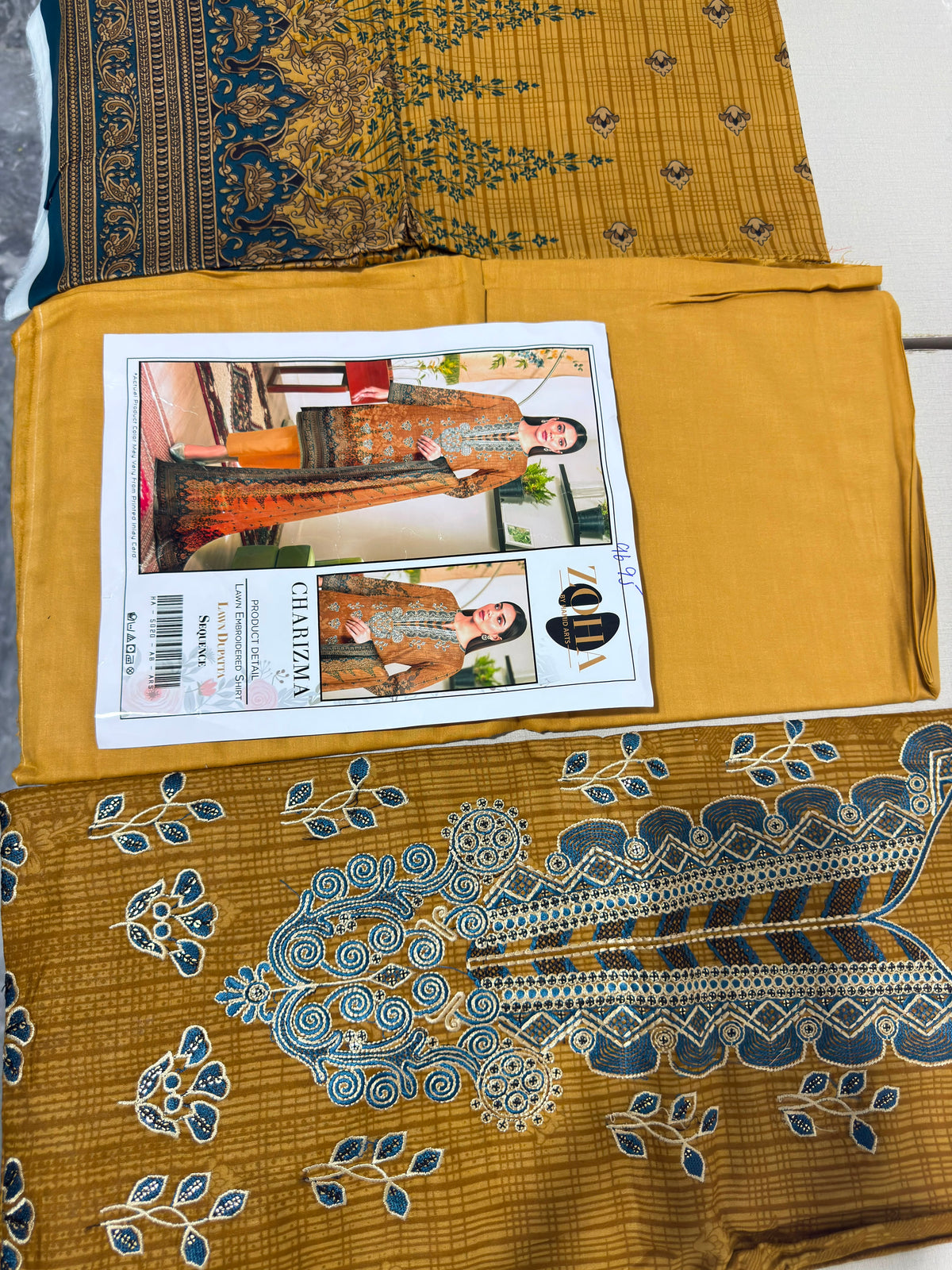 Mustard & Slate Blue Paisley 3-Piece Suit with Printed Dupatta