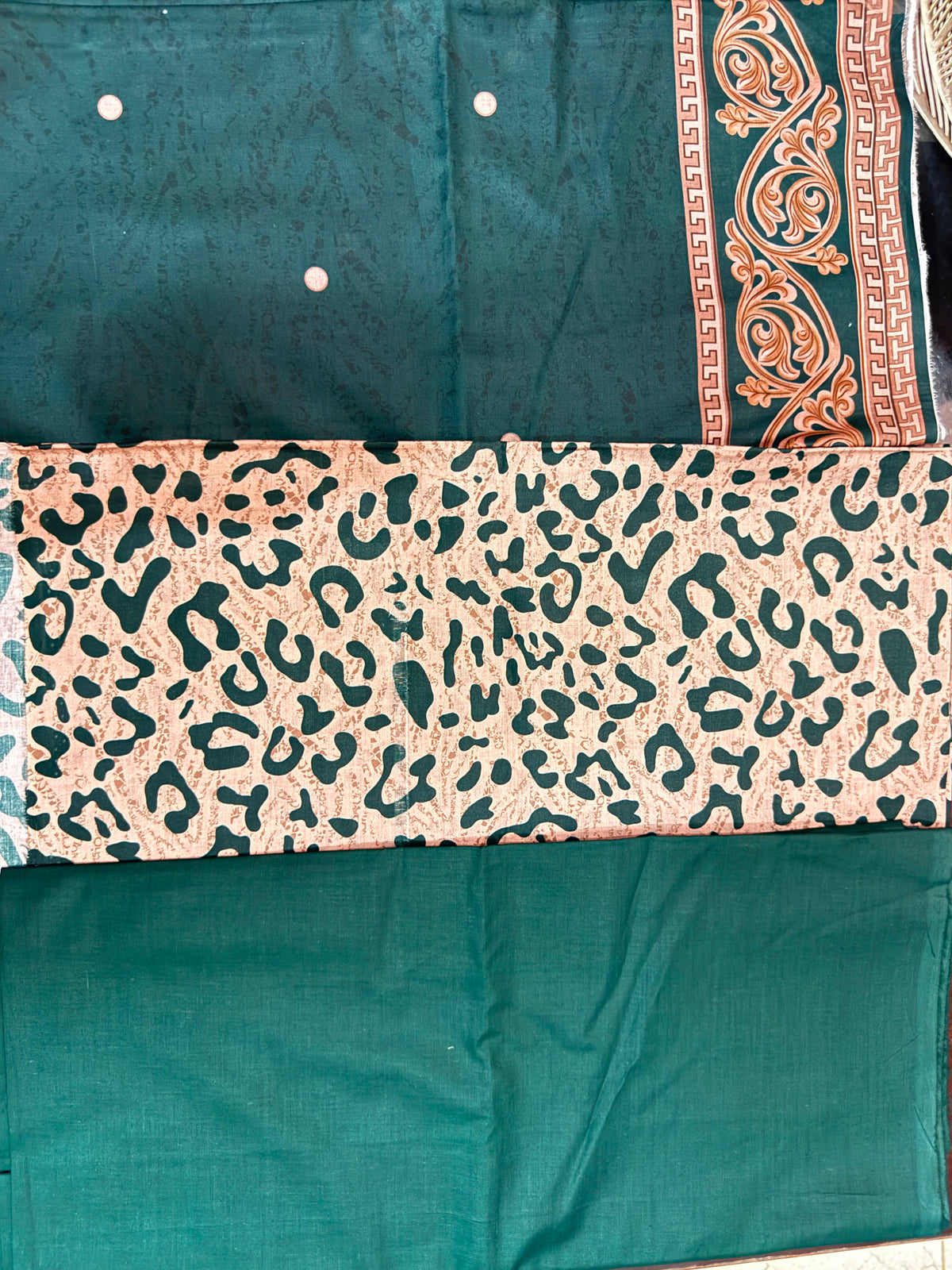 Polo Premium: Unstitched 3-Piece Beige Animal Print Suit Fabric with Green Dupatta