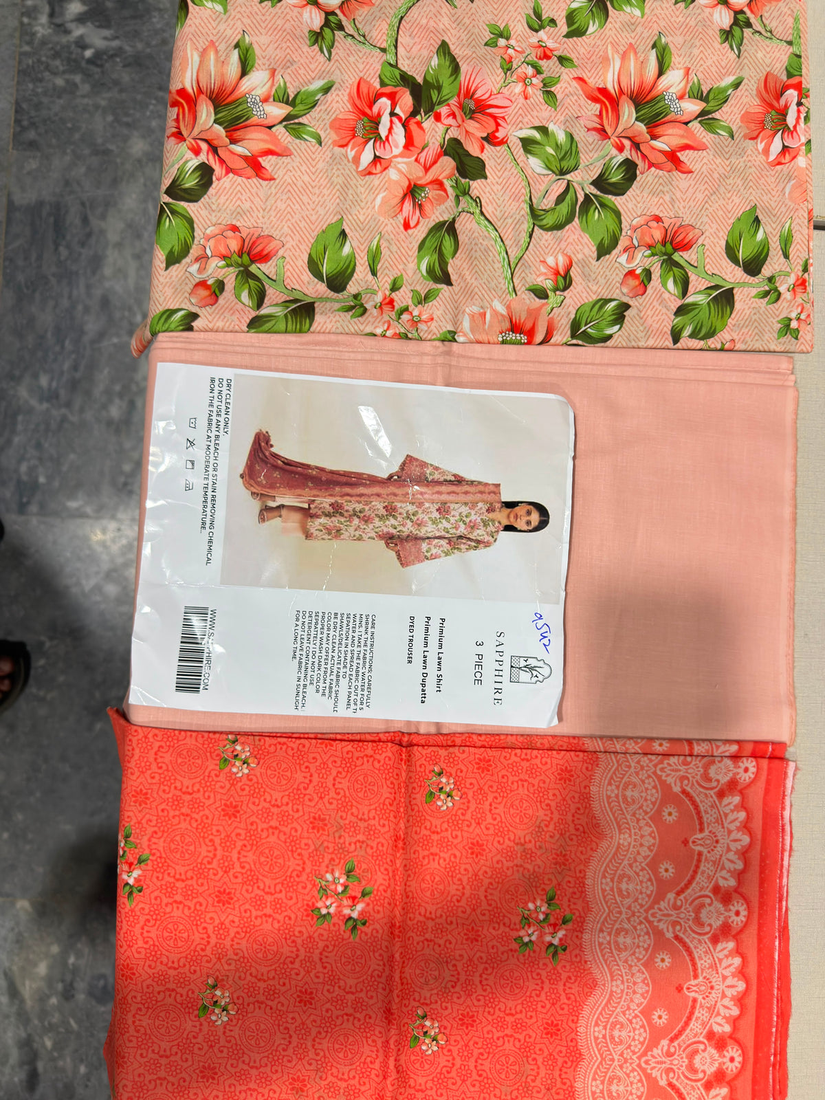 Peach Botanical Floral Kameez with Intricate Border Dupatta