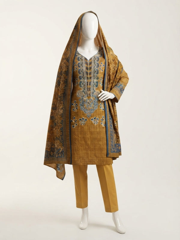 Mustard & Slate Blue Paisley 3-Piece Suit with Printed Dupatta