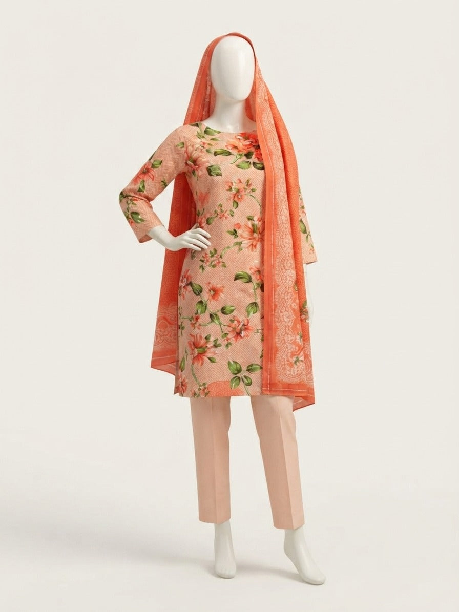 Peach Botanical Floral Kameez with Intricate Border Dupatta