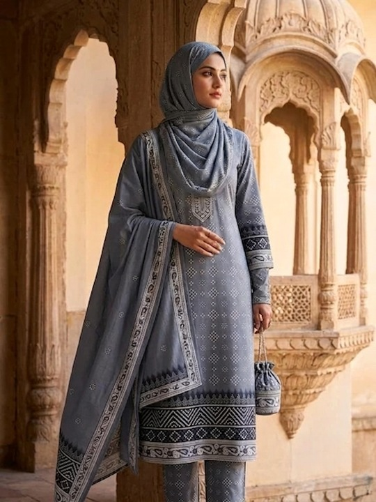Polo Cotton: 4M Unstitched Grey Bandhani Print Suit Fabric with Contrast Geometric Border