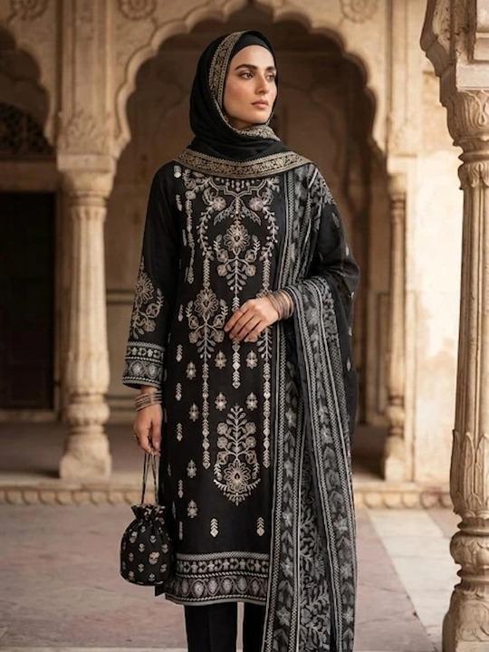 Polo Premium: Unstitched 3-Piece Black Lawn Suit Fabric with Jacquard Dupatta