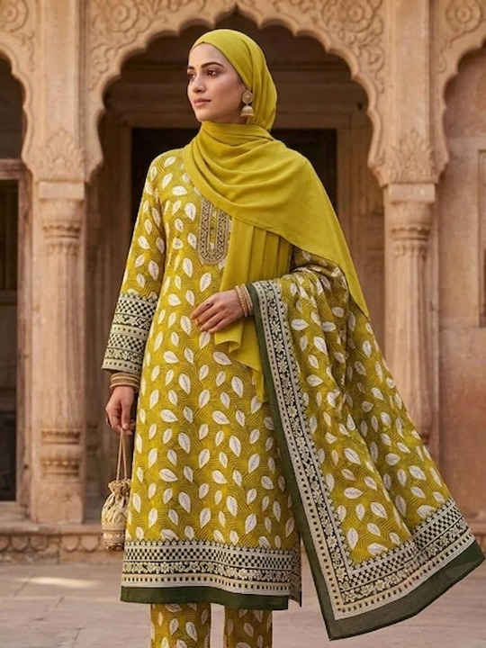 Polo Cotton: 4M Unstitched Mustard Yellow Leaf Print Suit Fabric with Contrast Olive Border