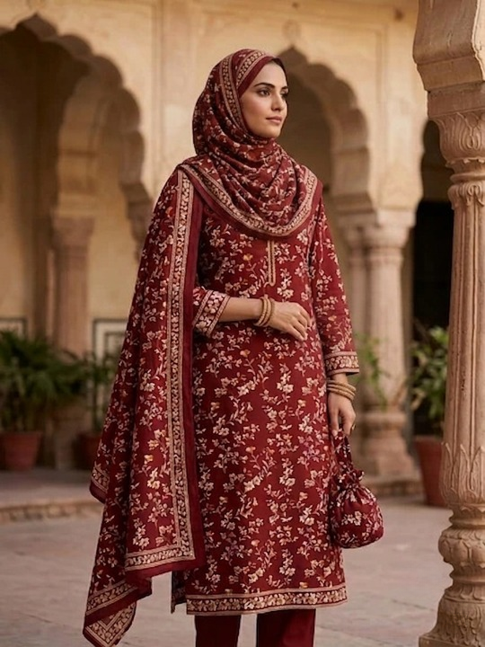 Maroon &amp; Gold Botanical Dress Material – 4M Unstitched Cotton Fabric